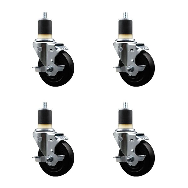 4'' Hard Rubber Swivel 1-7/8'' Expanding Stem Caster Set with Brake, 4PK
